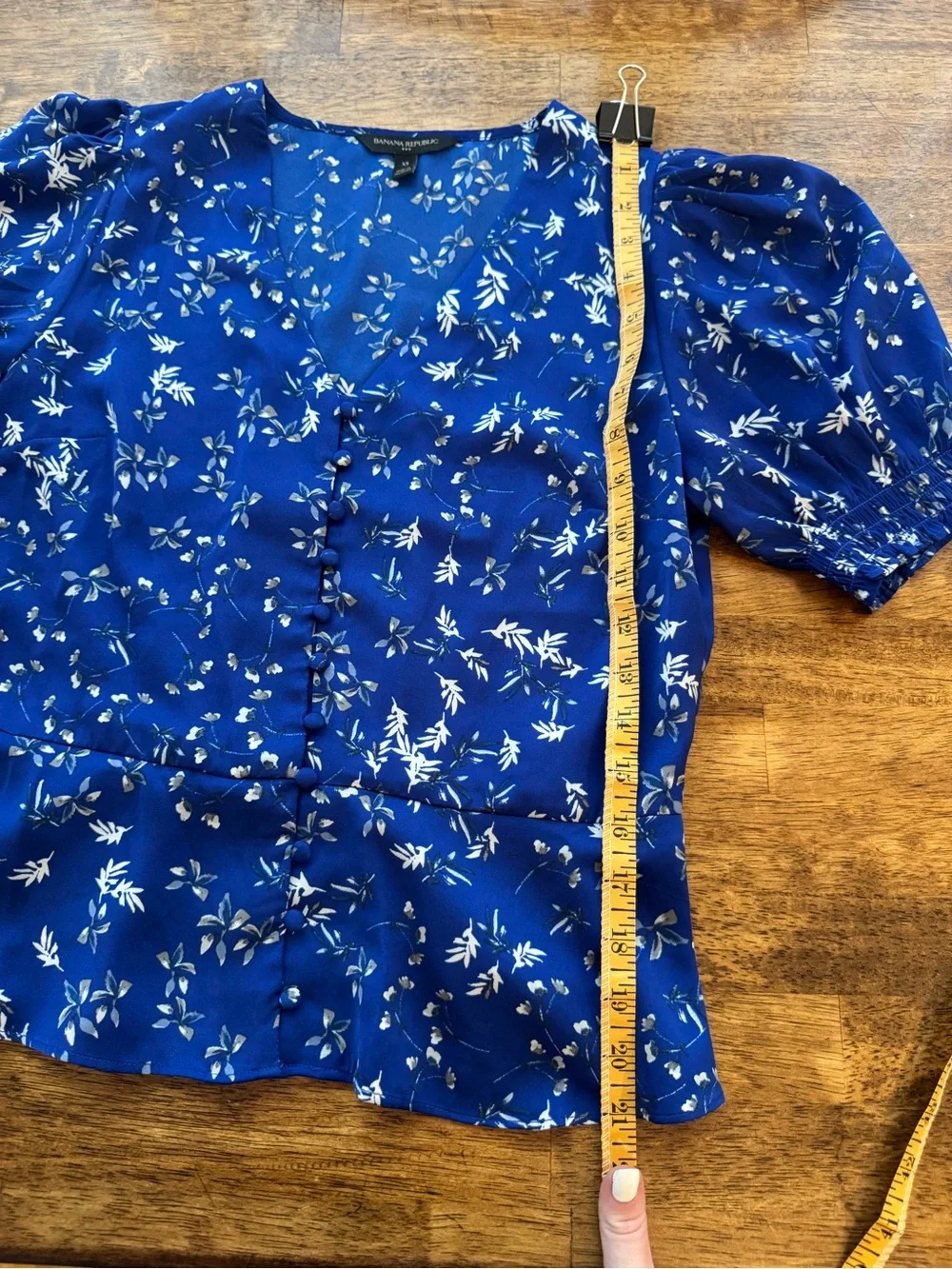Banana Republic Cobalt Blue Floral Puff-Sleeve Button-Front Blouse